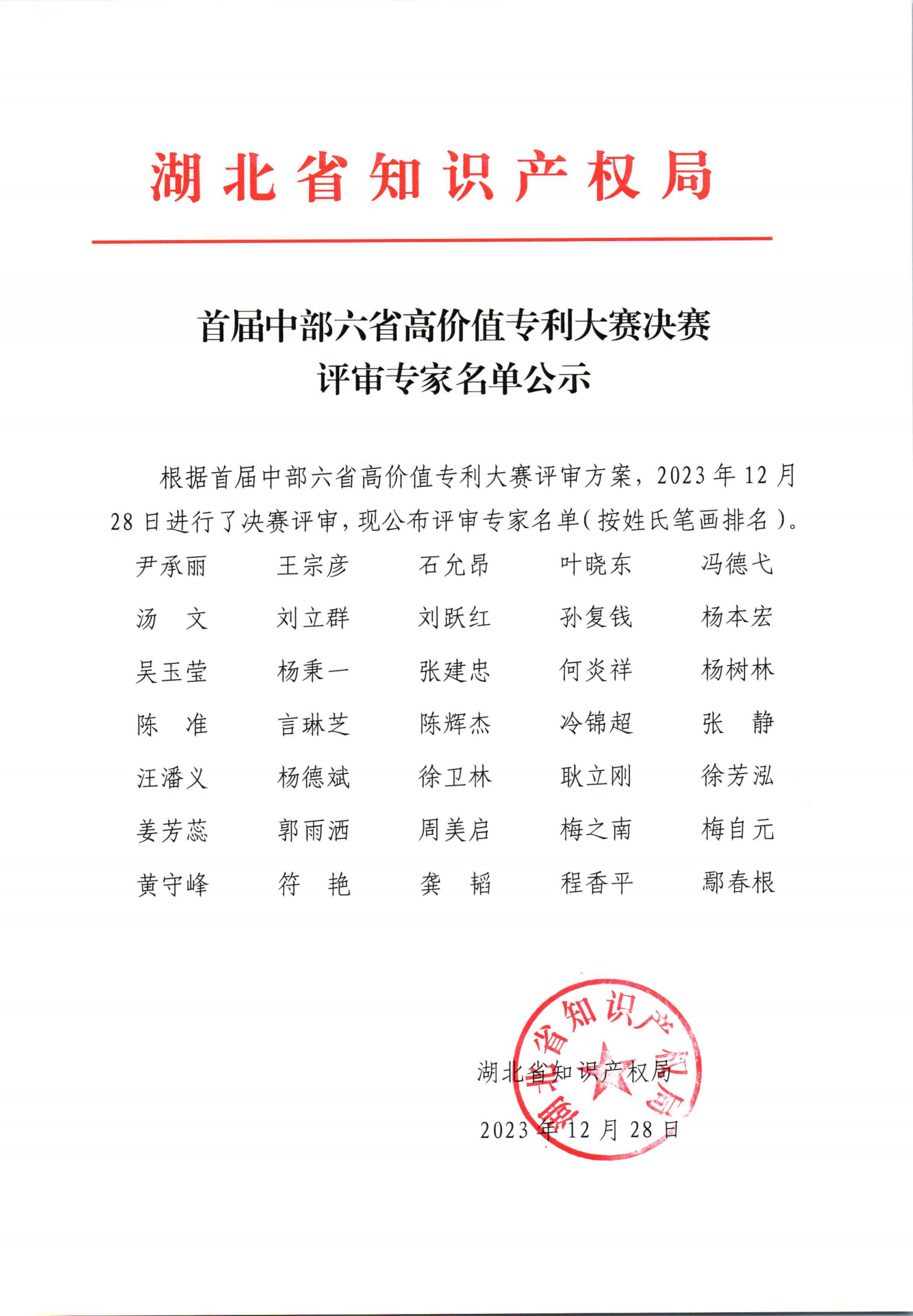 湖北省知識產(chǎn)權(quán)局關(guān)于首屆中部六省高價值專利大賽決賽評審專家名單公示_00.png